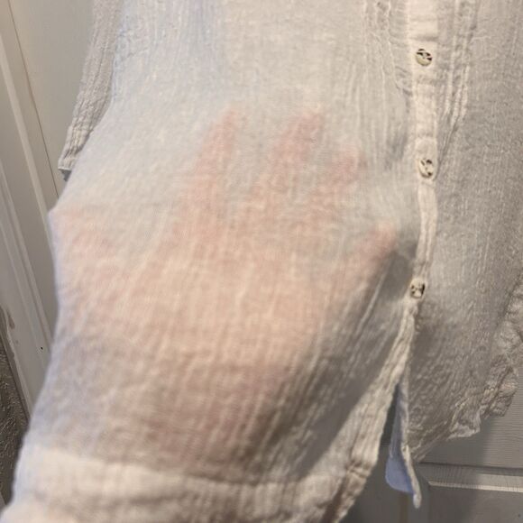 Pure J.Jill 100% Linen White Gauze Pintucked Blouse Petite L Buttoned 3/4 Sleeve - Picture 6 of 7